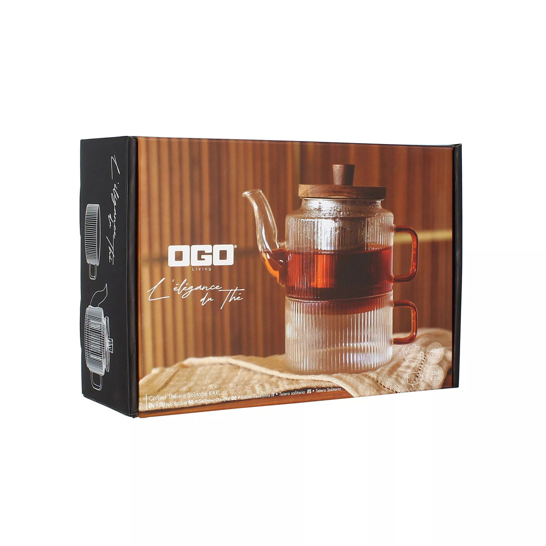 Coffret OGO Living KAR avec théière et tasse assortie en verre nervuré, présenté dans son emballage
