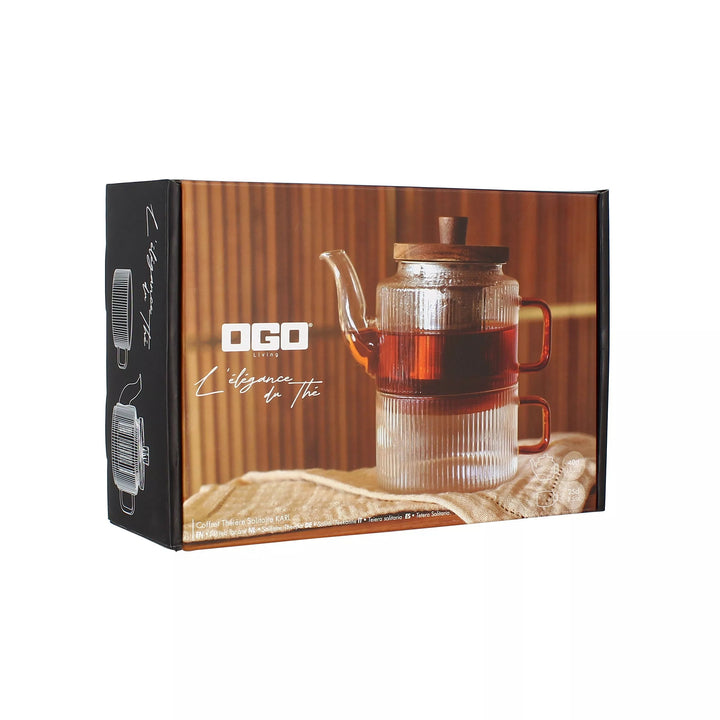 Coffret OGO Living KAR avec théière et tasse assortie en verre nervuré, présenté dans son emballage
