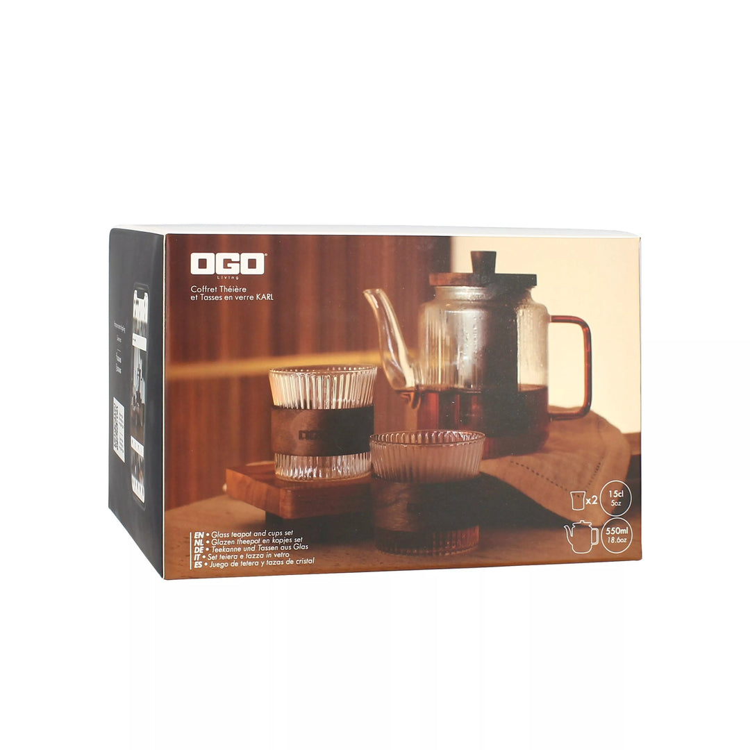 Coffret OGO Living KARL contenant une théière en verre et deux tasses assorties avec bandeau bois