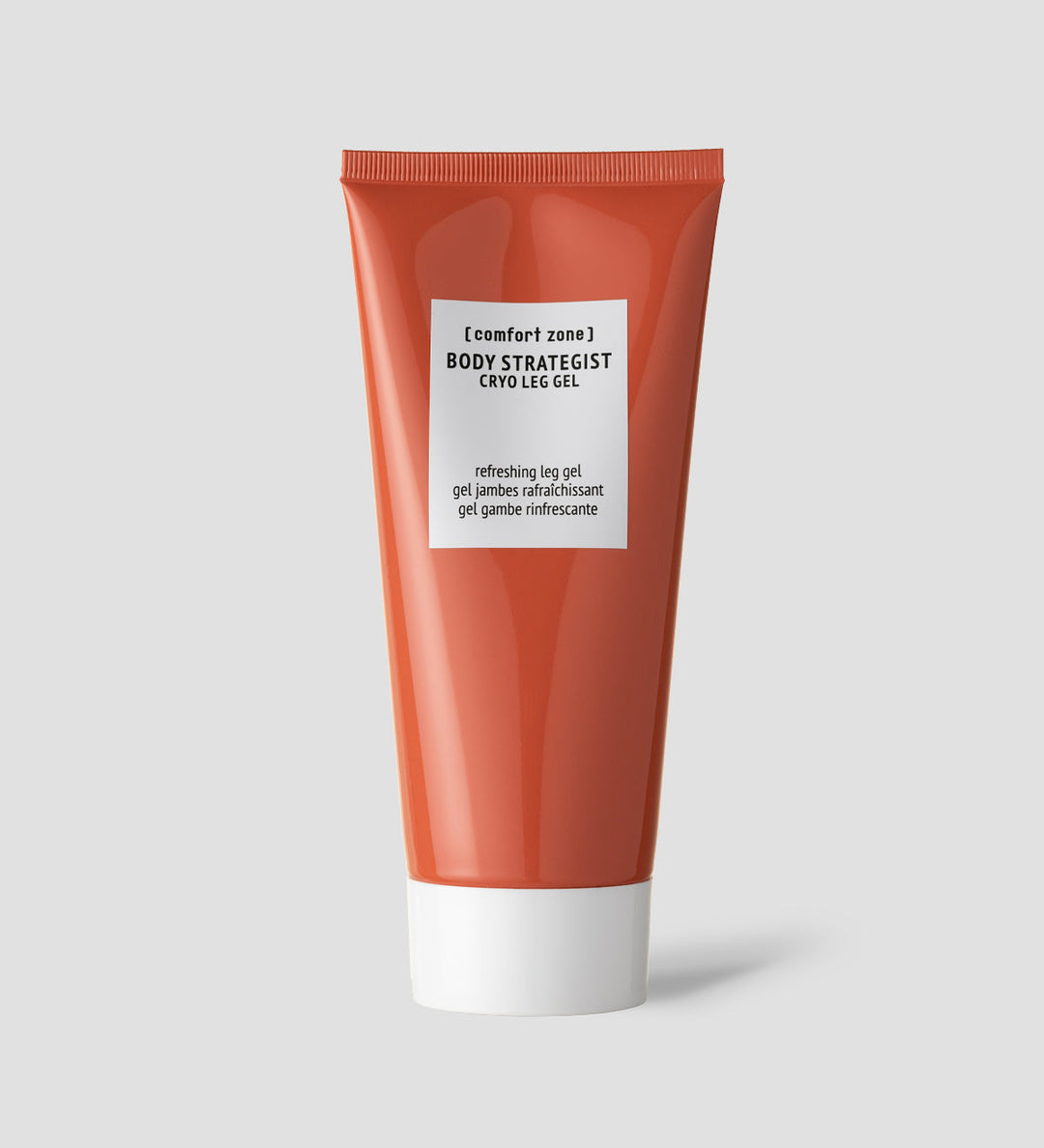Tube de "Body Strategist Cryo Leg Gel" de Comfort Zone, affiché sur un fond gris clair. Ce gel rafraîchissant pour les jambes est étiqueté en anglais, français et italien, indiquant ses propriétés rafraîchissantes et revitalisantes pour les jambes.
