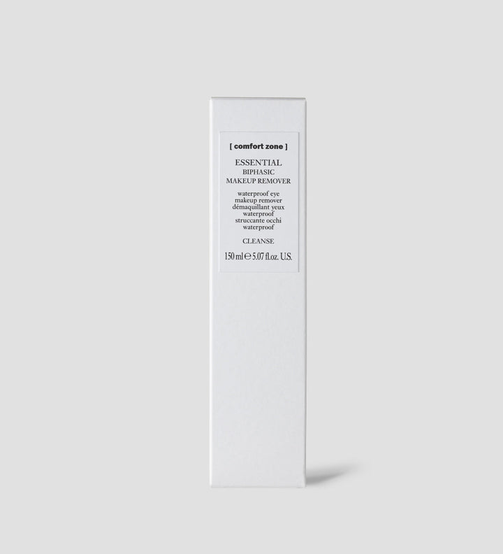 Boîte de Comfort Zone Essential Biphasic Makeup Remover, démaquillant yeux waterproof, sur fond gris clair. Boîte blanche avec étiquettes texte en noir.
