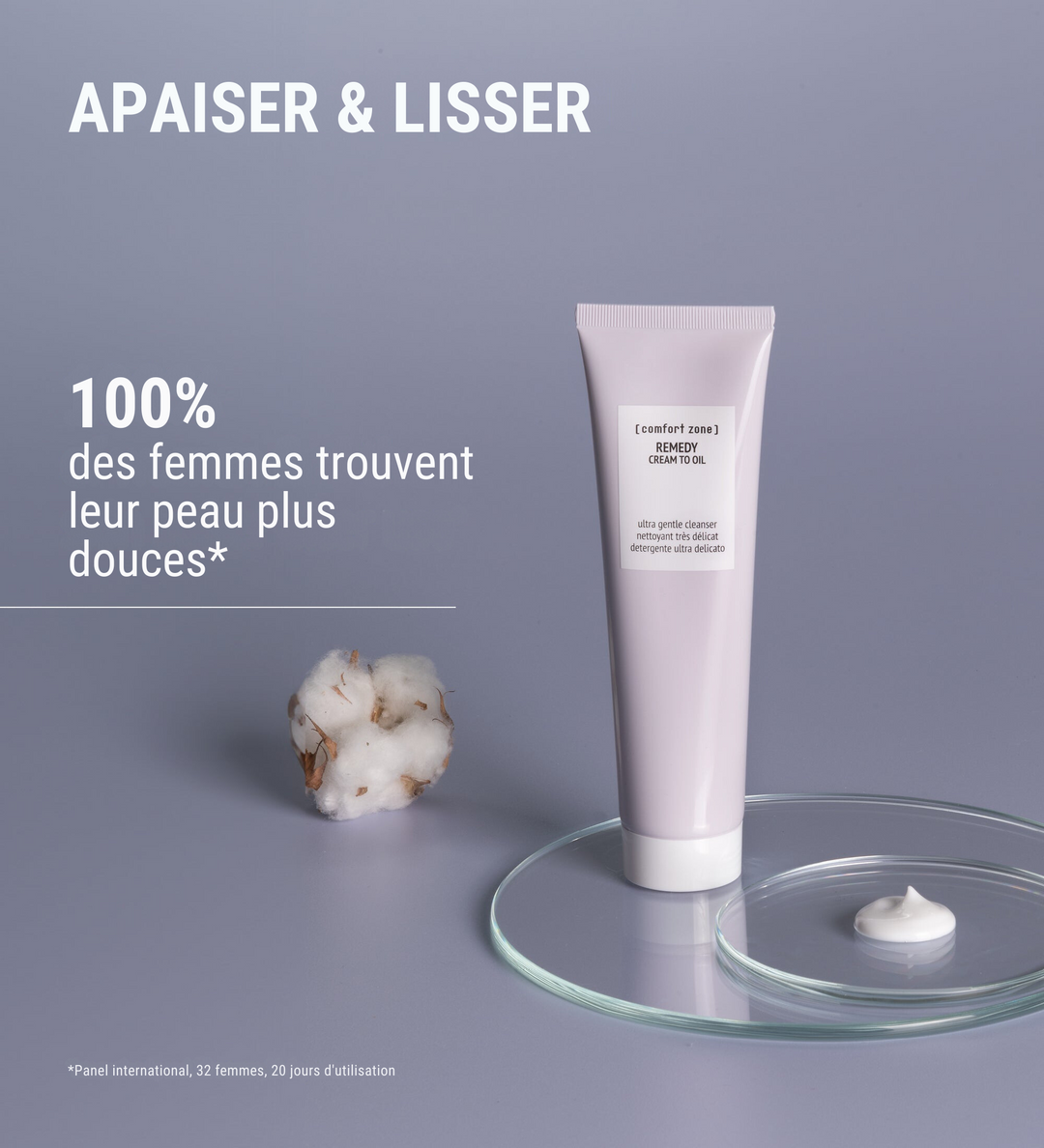 Affiche publicitaire du nettoyant [comfort zone] REMEDY Cream to Oil. Texte "Apaiser & Lisser" avec un taux de satisfaction de 100% des femmes trouvant leur peau plus douce après utilisation. Présentation du produit en tube, posé à côté d'une boule de coton et sur une surface en verre.