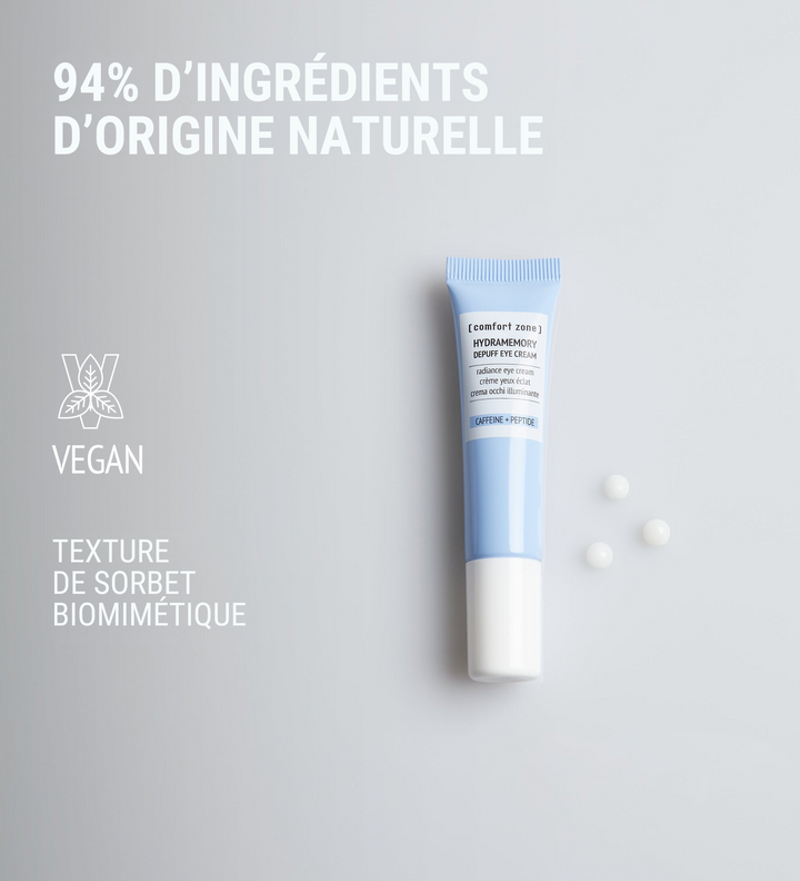 Crème Yeux Eclat Comfort Zone Hydramemory, 94% d'ingrédients d'origine naturelle, texture de sorbet biomimétique, vegan.