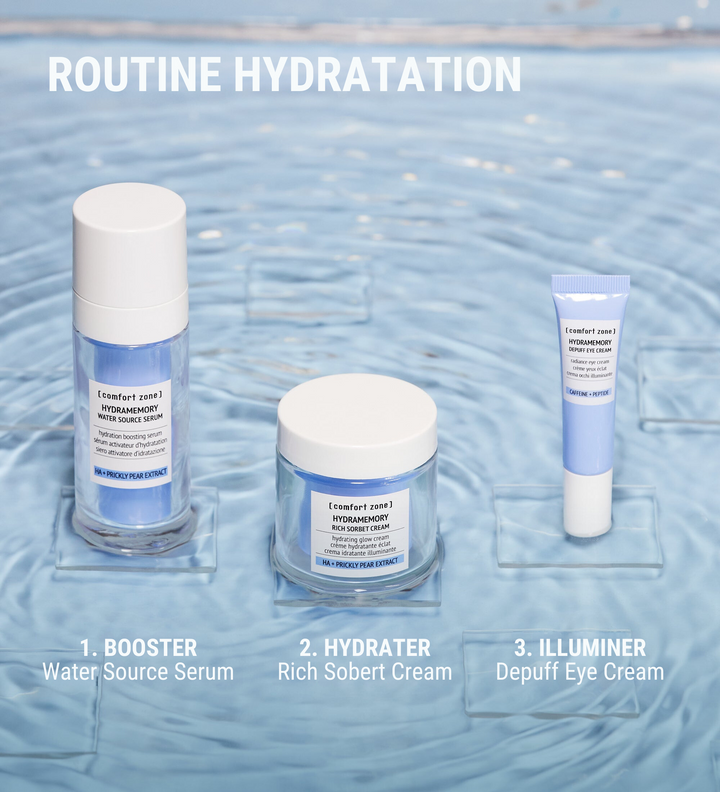Routine Hydratation Comfort Zone Hydramemory avec Water Source Serum, Rich Sorbet Cream et Depuff Eye Cream.