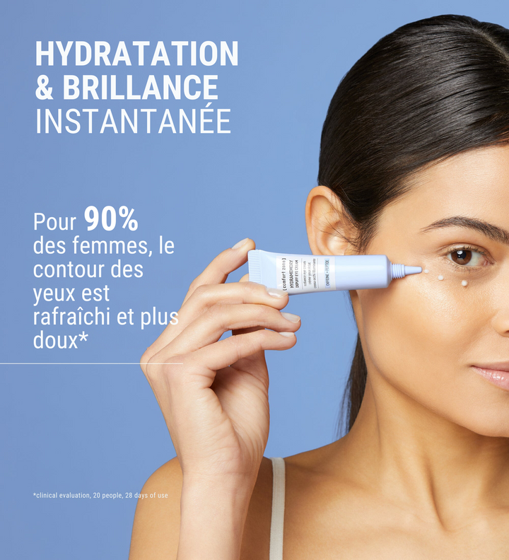 Application de la Crème Yeux Eclat Comfort Zone Hydramemory, hydratation et brillance instantanée, 90% des femmes trouvent leur contour des yeux rafraîchi et plus doux.