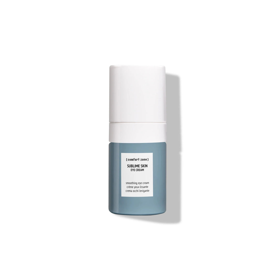 Flacon gris bleuté avec capuchon blanc du Sublime Skin Eye Cream de [comfort zone], une crème lissante pour le contour des yeux, sur fond blanc.