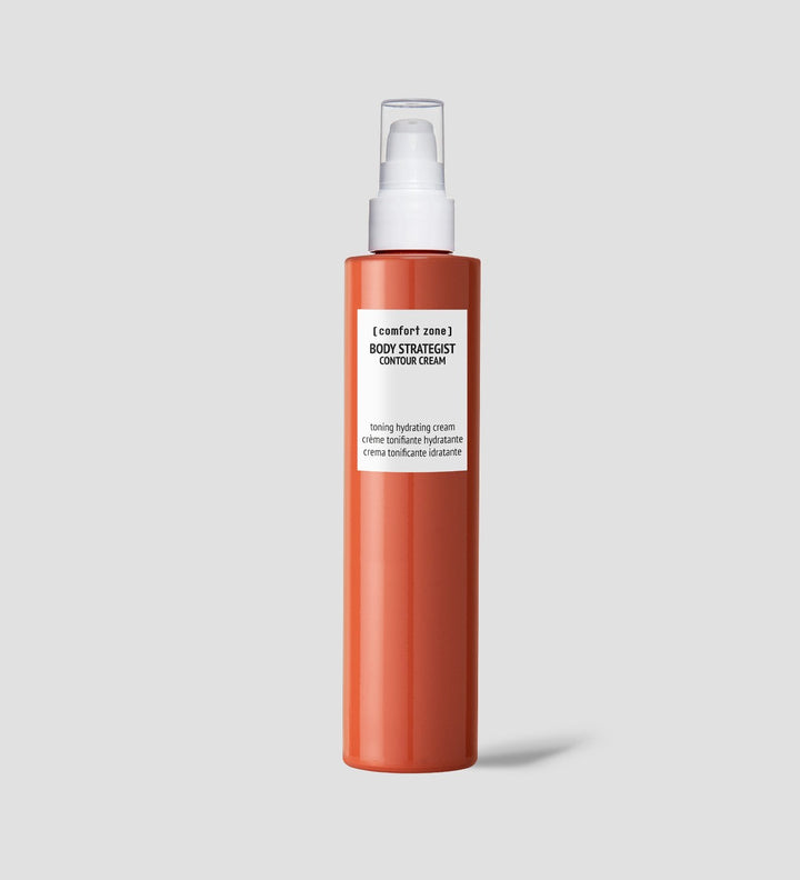 Flacon de crème tonifiante hydratante "Body Strategist Contour Cream" de Comfort Zone, présenté sur un fond gris clair, symbolisant le soin corporel et l'hydratation efficace.