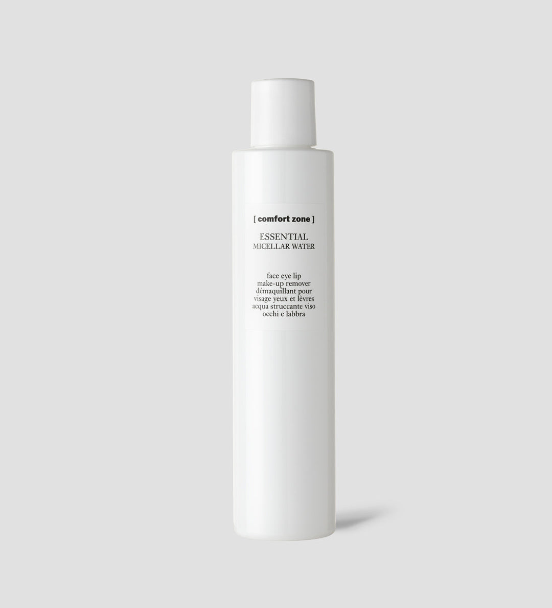 Flacon d'eau micellaire démaquillante Comfort Zone Essential Micellar Water, avec texte descriptif en noir sur fond blanc.