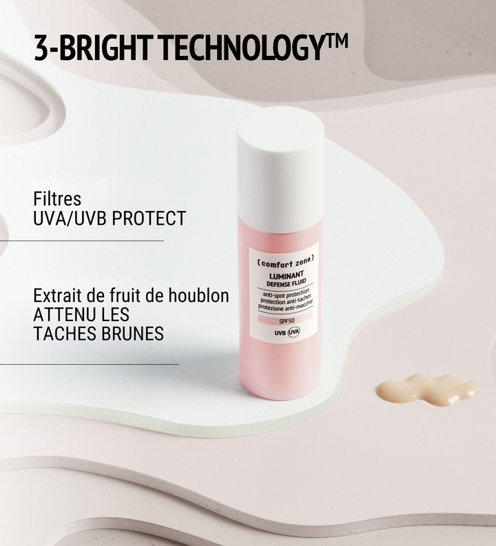Comfort Zone Luminant Defense Fluid avec la technologie 3-Bright Technology™. Filtre UVA/UVB Protect pour une protection optimale contre les rayons solaires. Enrichi en extrait de fruit de houblon pour atténuer les taches brunes. Fluide de protection anti-taches pour un teint uniforme et lumineux. Protection SPF50 contre les rayons UVA/UVB pour une peau protégée et éclatante.