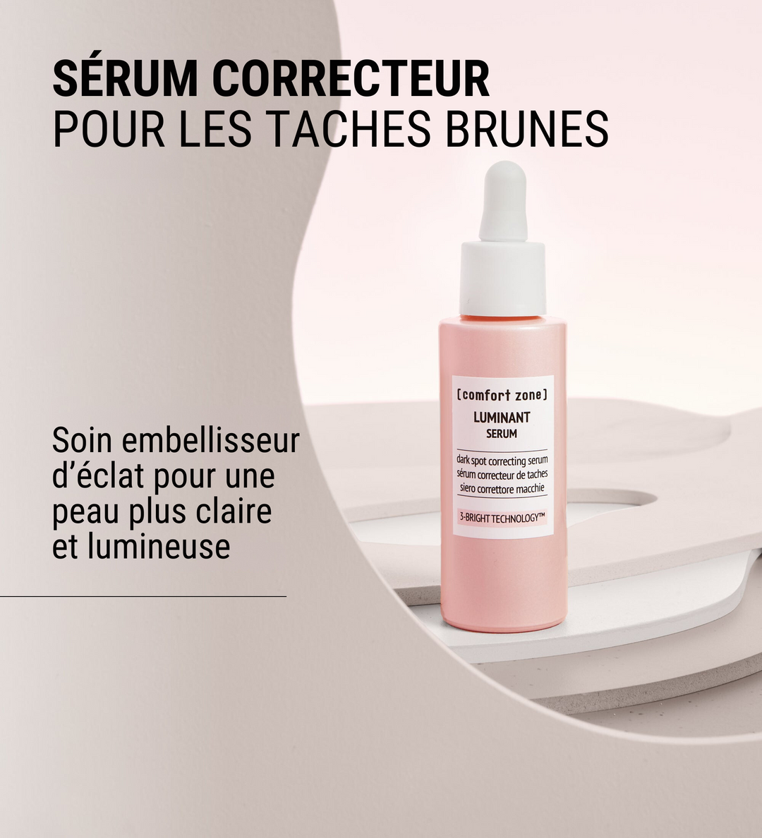 Sérum correcteur Comfort Zone pour les taches brunes. Ce soin embellisseur d'éclat est conçu pour une peau plus claire et lumineuse. La photo montre le flacon de sérum sur un fond minimaliste, accompagnée de la description du produit.