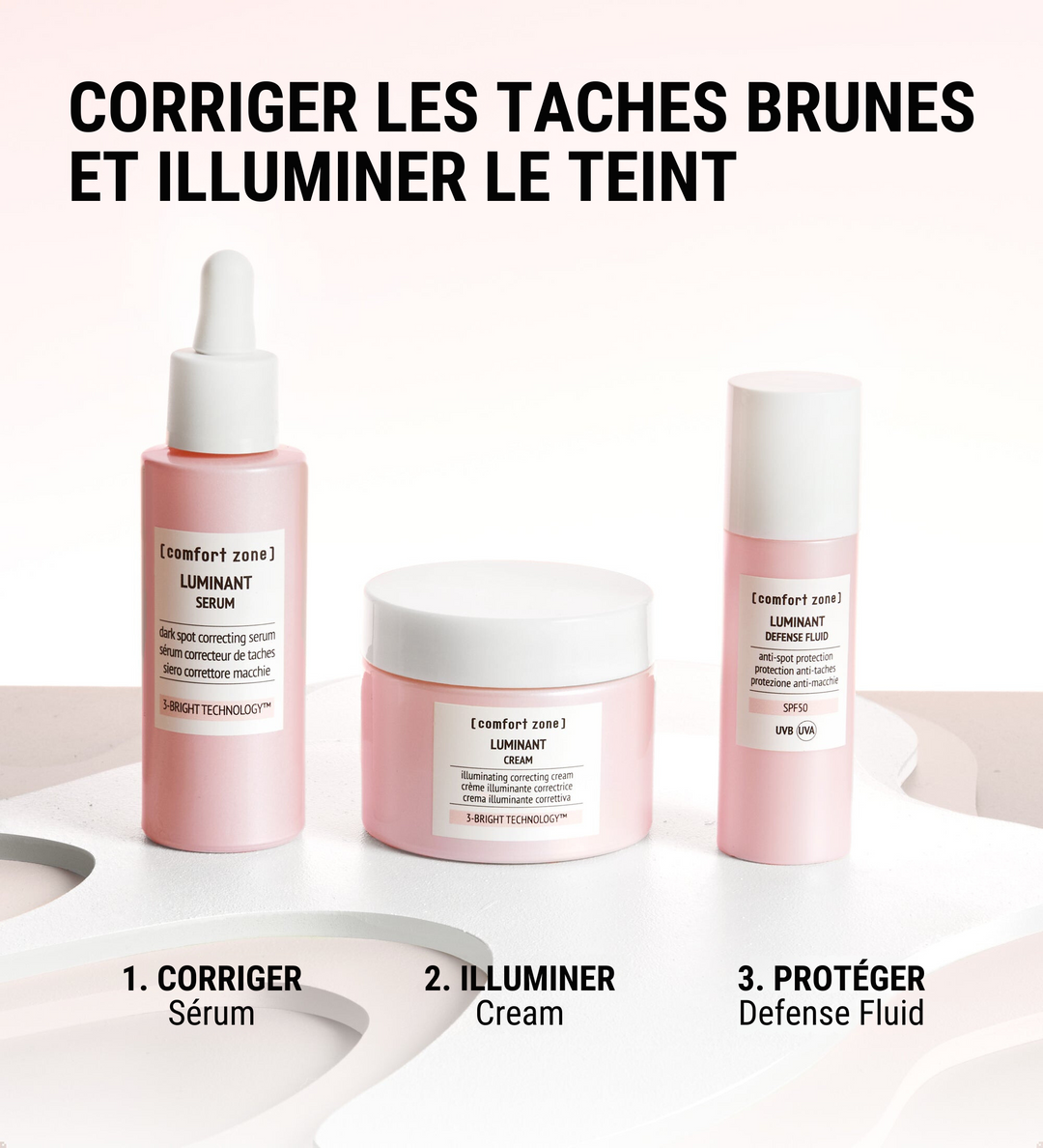 Corriger les Taches Brunes et Illuminer le Teint avec le kit Comfort Zone Luminant. Comprend le Sérum Luminant, la Crème Luminant et le Defense Fluid Luminant. La photo montre les trois produits alignés sur un fond blanc épuré, mettant en valeur leurs propriétés pour corriger, illuminer et protéger la peau contre les taches brunes.
