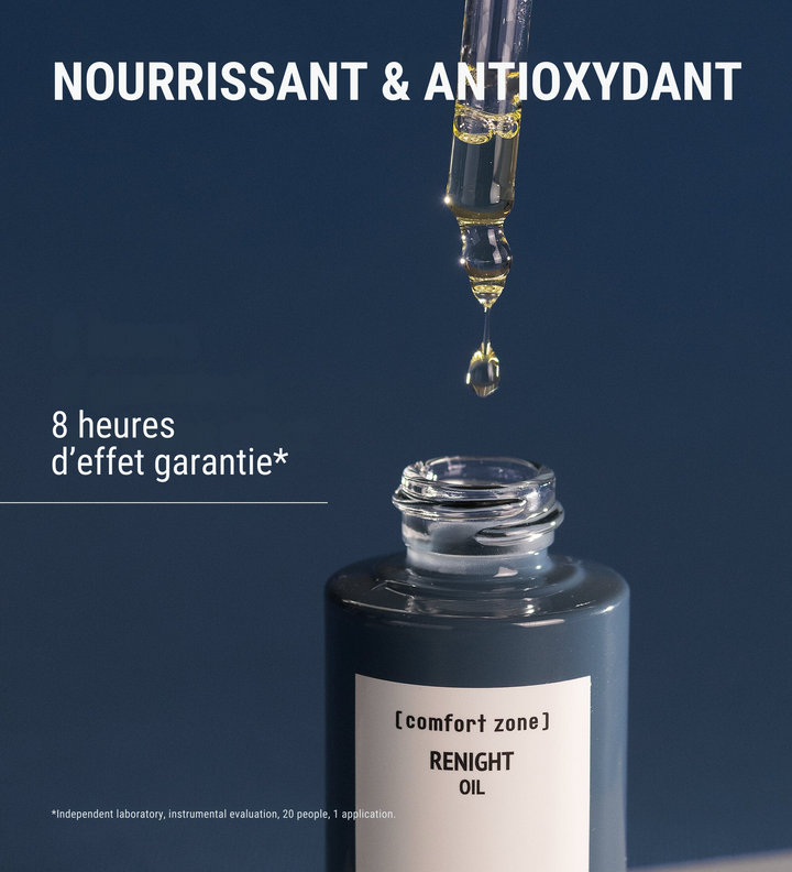 Huile Comfort Zone Renight, nourrissante et antioxydante, avec une garantie de 8 heures d'effet.