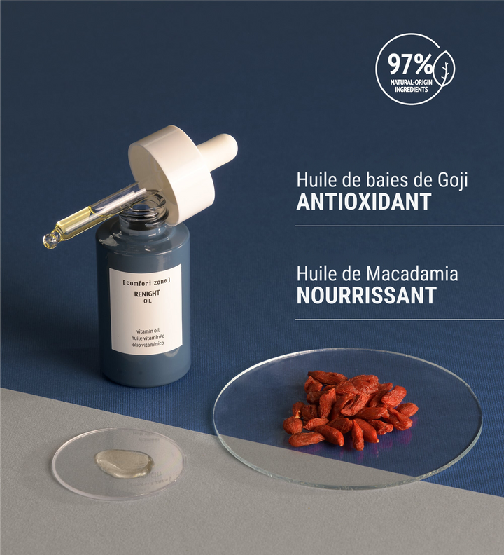 Huile Comfort Zone Renight avec des baies de Goji pour leurs propriétés antioxydantes et de l'huile de Macadamia pour ses bienfaits nourrissants.