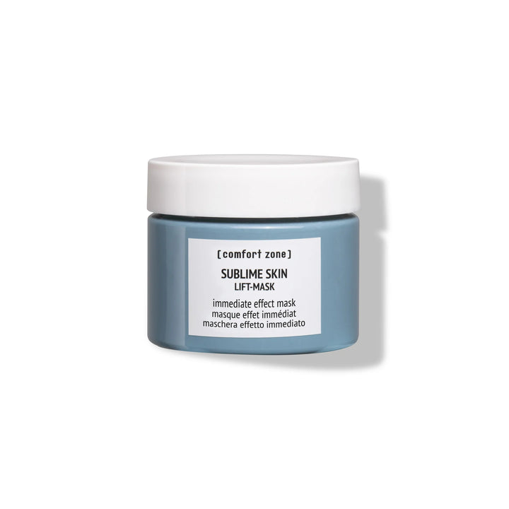 Pot bleu-gris du Sublime Skin Lift-Mask de [comfort zone], un masque à effet immédiat (immediate effect mask) pour raffermir et lisser la peau, sur fond blanc.