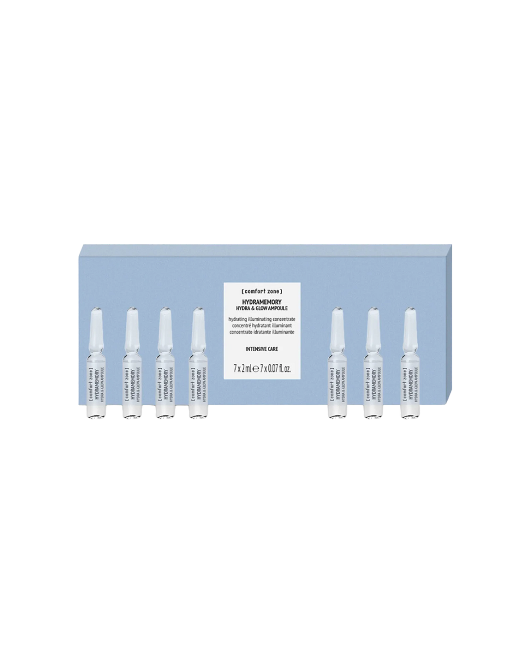 Ampoules hydratantes Comfort Zone Hydramemory Hydra & Glow. Soin intensif en ampoules monodoses pour booster l'hydratation et l'éclat de la peau. Formule illuminatrice et concentrée, idéale pour les peaux déshydratées. Coffret bleu contenant 7 ampoules en verre.