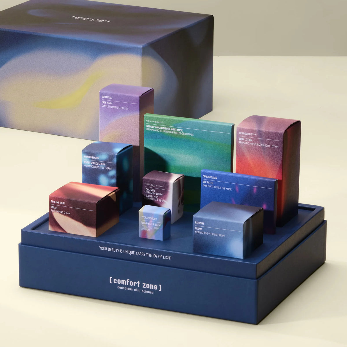 Présentation de la boîte cadeau et des soins du coffret The Iconic Face & Body Edit Comfort Zone.
