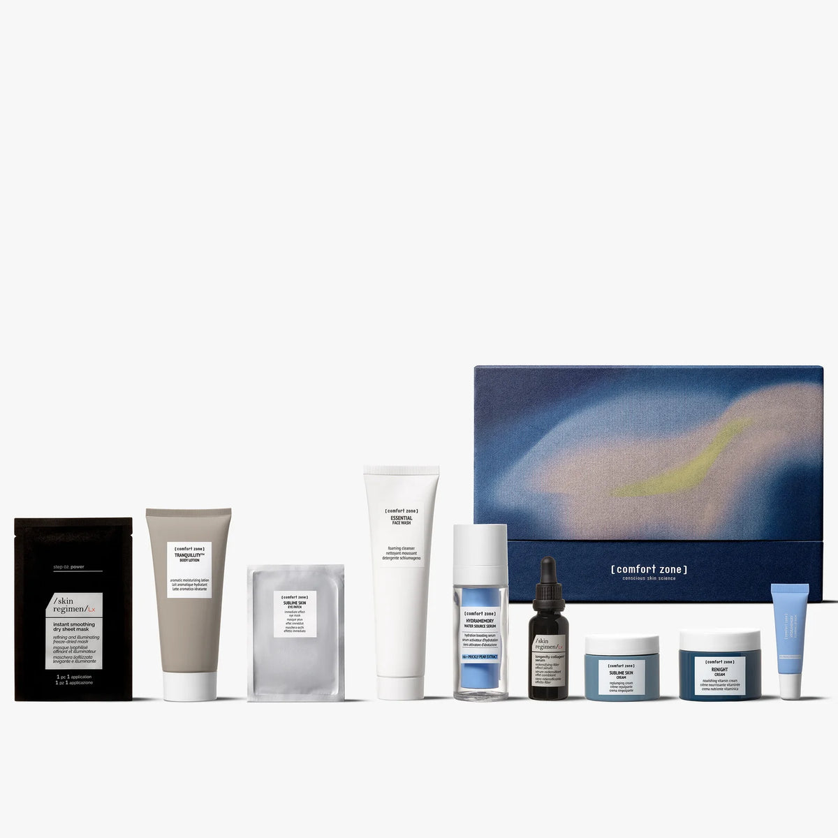 Coffret The Iconic Face & Body Edit Comfort Zone avec ses neuf soins visage et corps et sa boîte cadeau bleue.