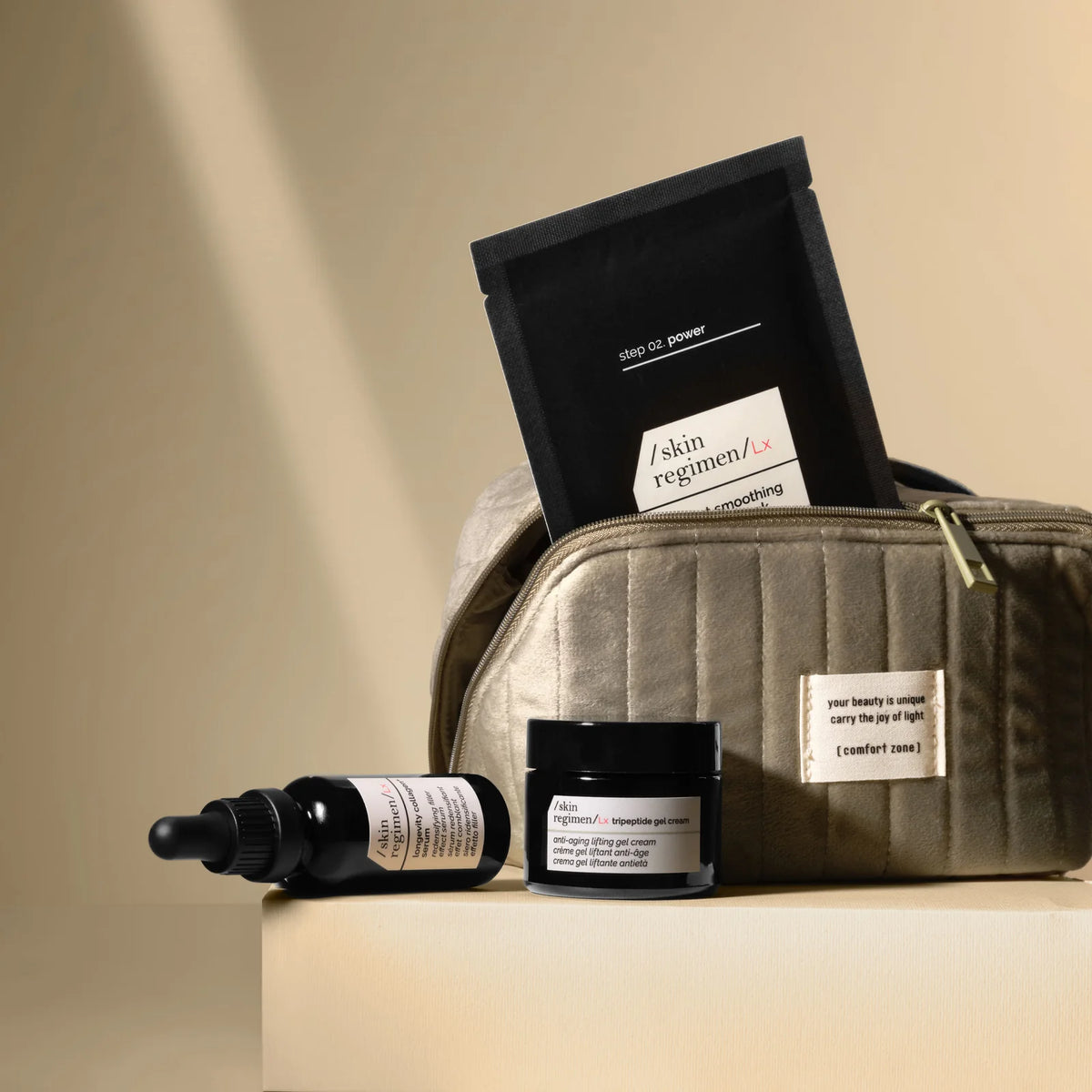 Trousse ouverte The Skin Longevity Ritual avec ses trois soins Skin Regimen Lx.