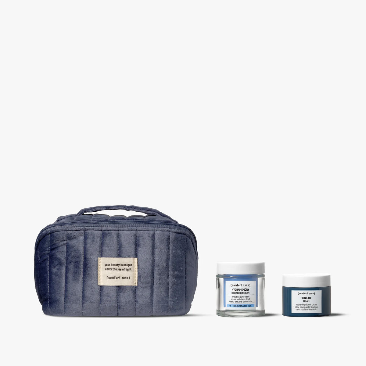 Coffret The Renewing Beauty Ritual Comfort Zone : Rich Sorbet Cream, Renight Cream et trousse bleue.