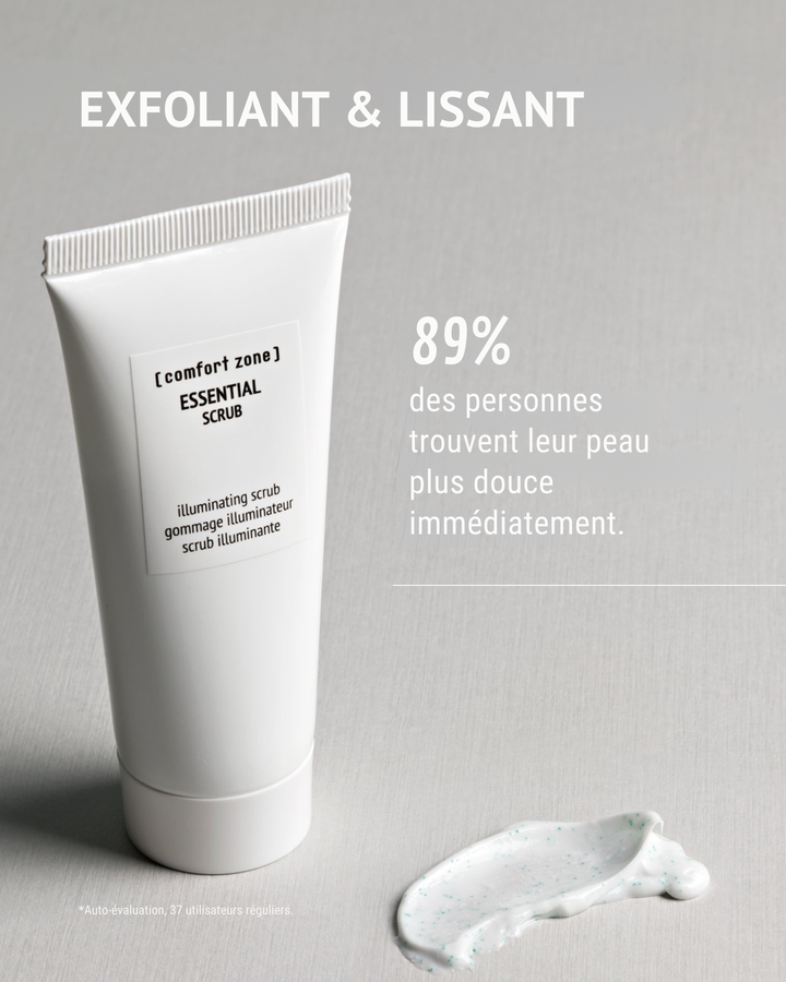 Tube de 120 ml du gommage visage illuminateur Essential Scrub de Comfort Zone, exfoliant doux à texture crémeuse enrichie en particules, idéal pour révéler une peau plus lisse et éclatante
