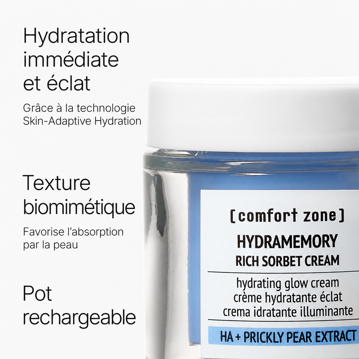 Hydramemory Rich Sorbet Cream Comfort Zone : hydratation, éclat et pot rechargeable.