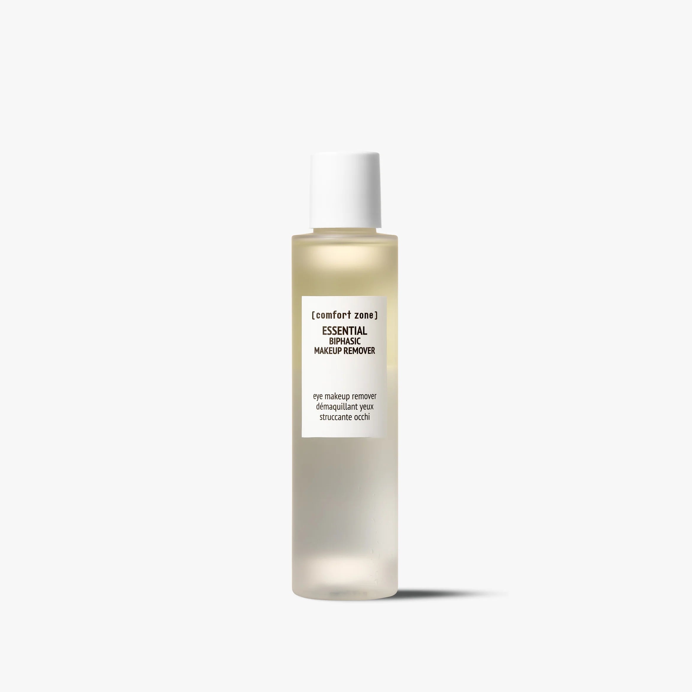 Comfort Zone Essential Biphasic Makeup Remover, démaquillant biphasé pour les yeux, conçu pour retirer efficacement le maquillage même tenace tout en respectant la zone délicate du contour des yeux et en laissant une sensation propre, douce et confortable