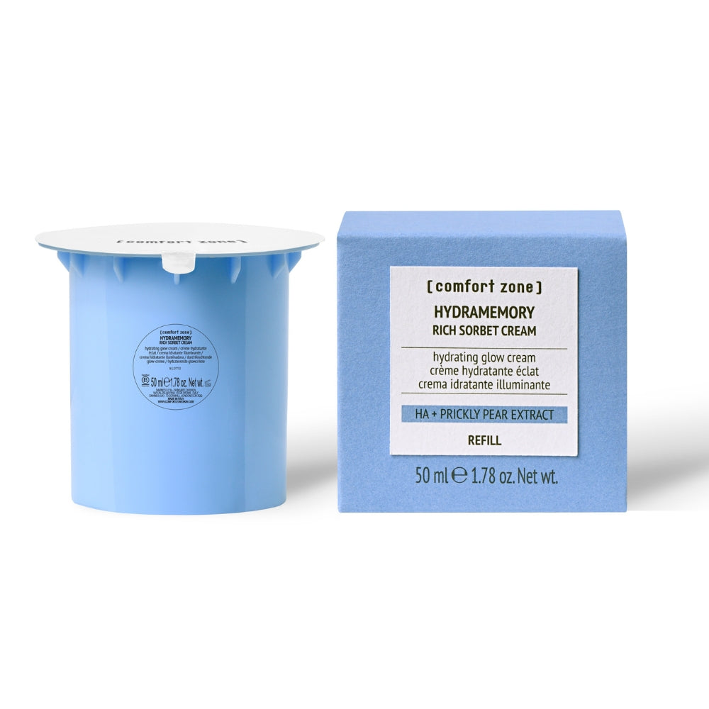 Recharge 50 ml Hydramemory Rich Sorbet Cream Comfort Zone : capsule bleue + étui carton, crème sorbet riche hydratante.