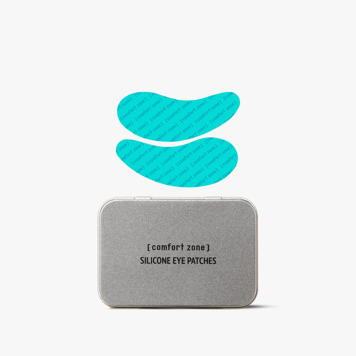 Paire de patchs turquoise Comfort Zone en silicone réutilisable et boîte de rangement en métal argenté, sur fond blanc.