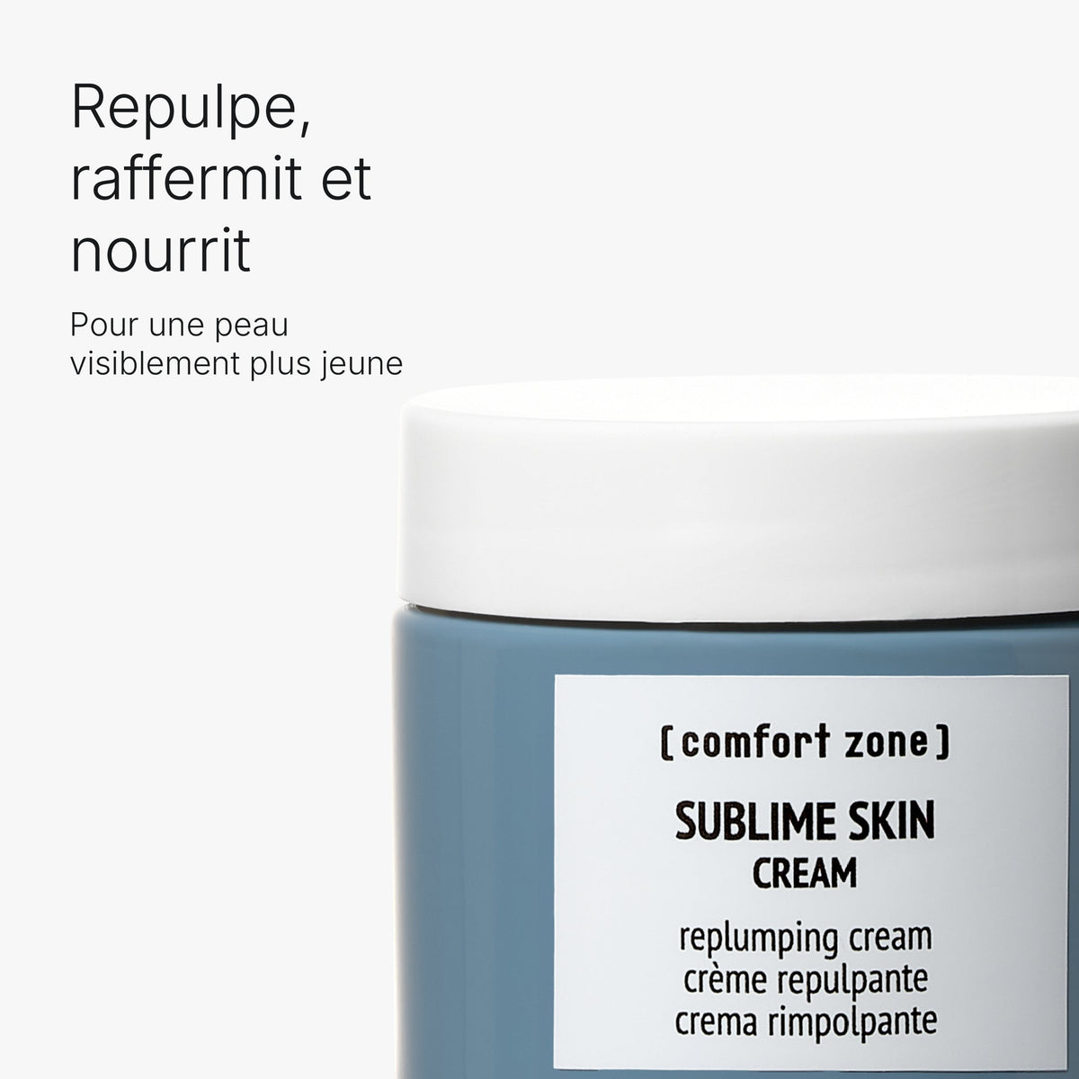 Gros plan du pot bleu Sublime Skin Cream et texte en français présentant ses bénéfices : repulpe, raffermit et nourrit.