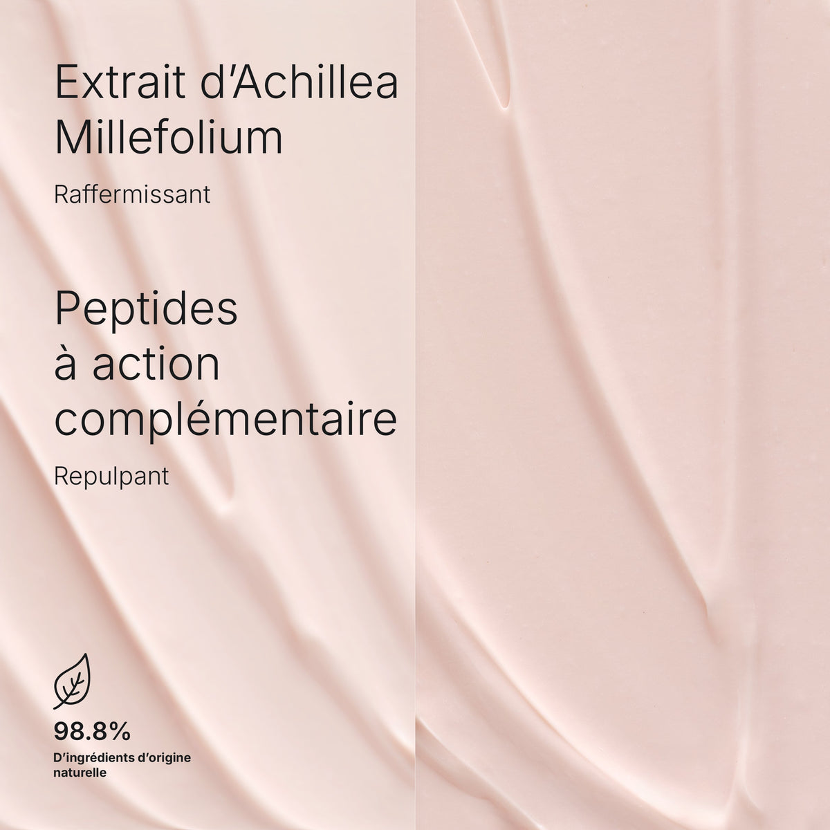 Texture rose pâle de Sublime Skin Cream et présentation en français de l’extrait d’Achillea Millefolium et des peptides.