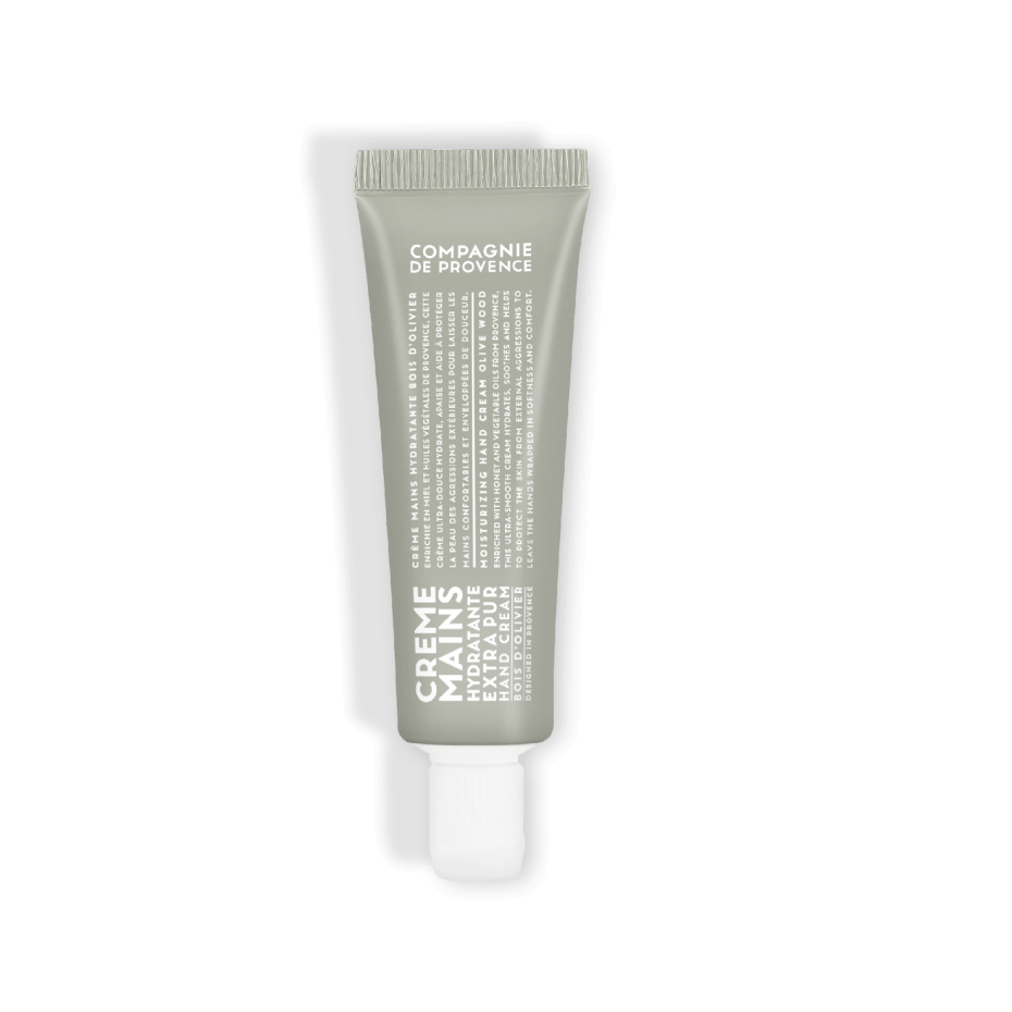 Crème mains hydratante Extra Pur Bois d'Olivier de Compagnie de Provence. Tube de 30 ml au design élégant, enrichi en huiles végétales et ingrédients naturels pour nourrir et protéger la peau.