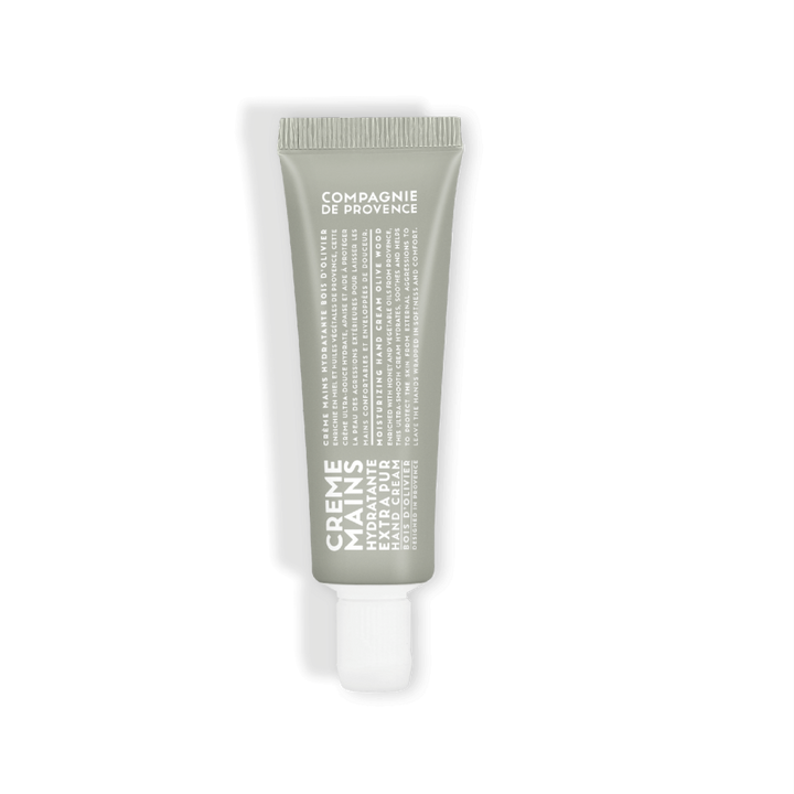 Crème mains hydratante Extra Pur Bois d'Olivier de Compagnie de Provence. Tube de 30 ml au design élégant, enrichi en huiles végétales et ingrédients naturels pour nourrir et protéger la peau.