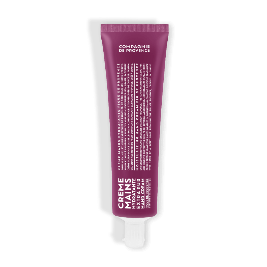 Crème mains hydratante Extra Pur Figue de Provence de la marque Compagnie de Provence, en tube de 30 ml, couleur prune, avec une formulation enrichie en huiles végétales de Provence pour nourrir et protéger la peau.