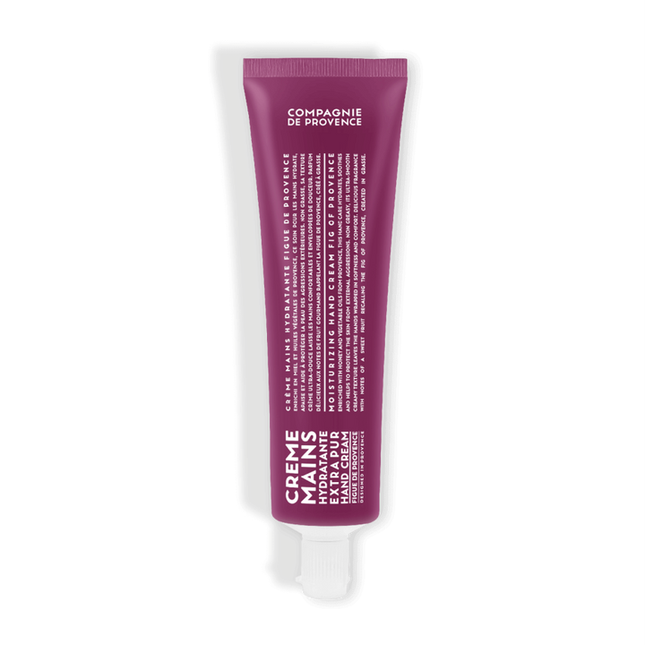 Crème mains hydratante Extra Pur Figue de Provence de la marque Compagnie de Provence, en tube de 30 ml, couleur prune, avec une formulation enrichie en huiles végétales de Provence pour nourrir et protéger la peau.