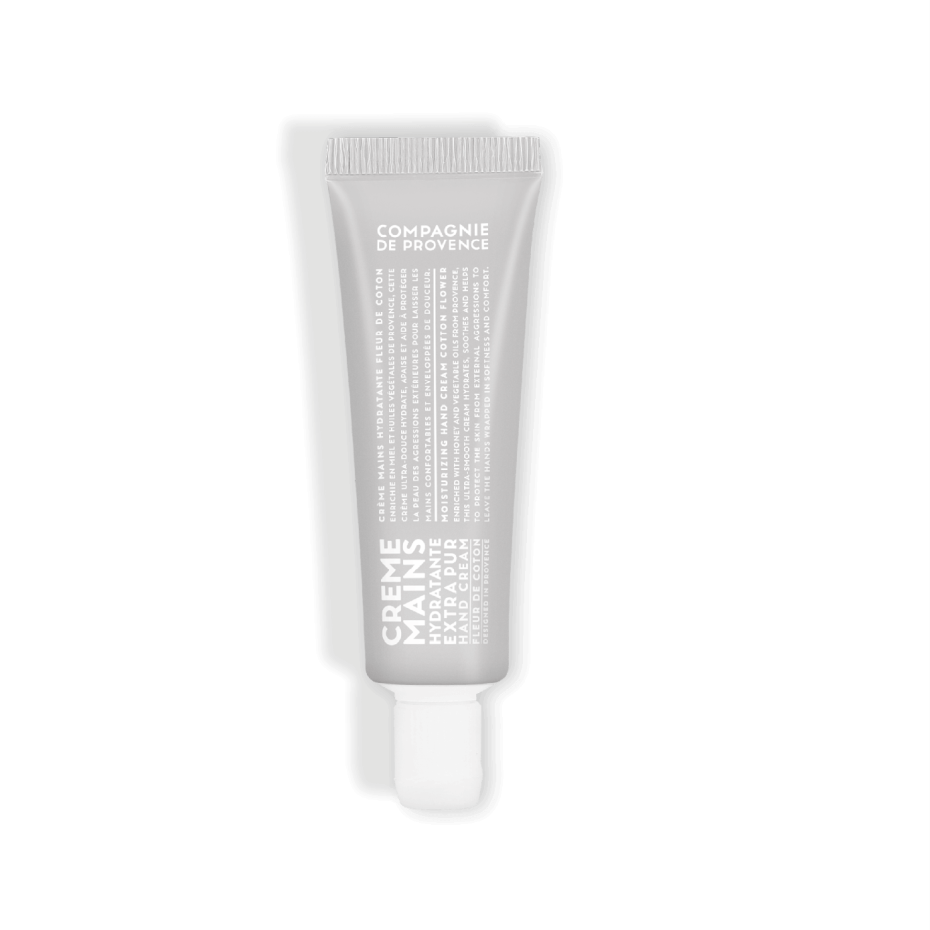 Crème mains hydratante Extra Pur Fleur de Coton de Compagnie de Provence. Tube de 30 ml enrichi en huiles végétales, offrant une texture douce et un parfum délicat pour nourrir et protéger la peau.