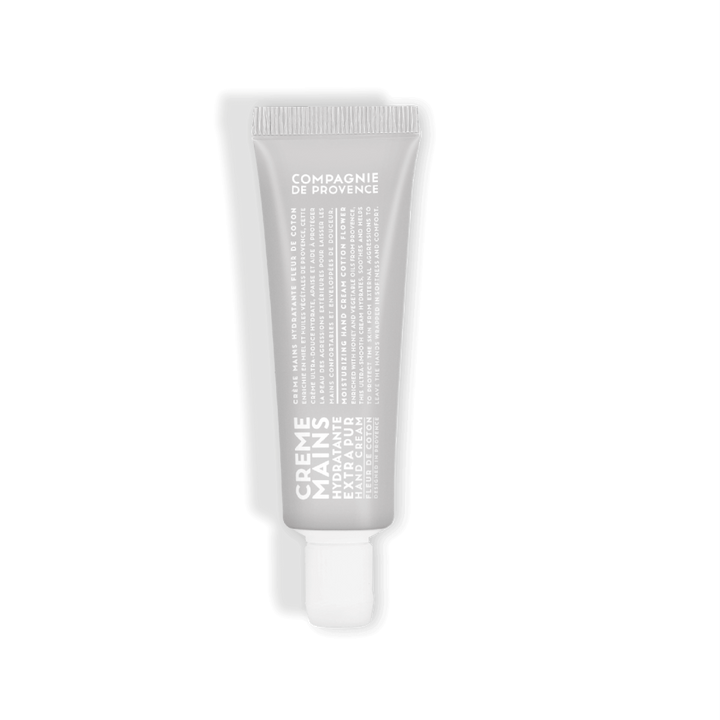 Crème mains hydratante Extra Pur Fleur de Coton de Compagnie de Provence. Tube de 30 ml enrichi en huiles végétales, offrant une texture douce et un parfum délicat pour nourrir et protéger la peau.