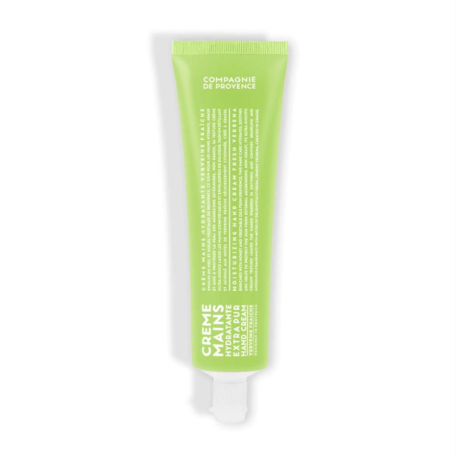 Tube de crème mains hydratante Extra Pur à la verveine fraîche de la marque Compagnie de Provence. Design minimaliste avec un emballage vert clair et des inscriptions blanches, évoquant fraîcheur et naturalité.