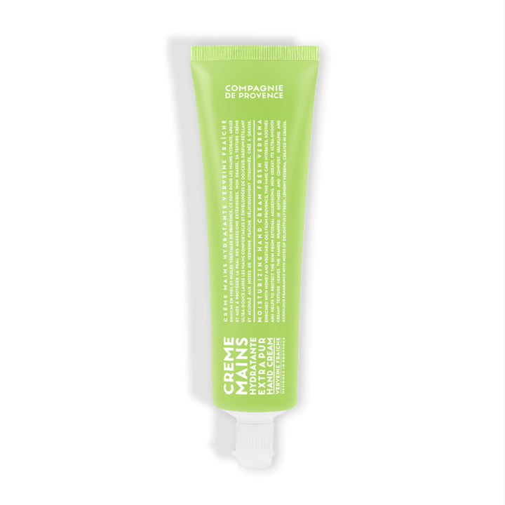 Tube de crème mains hydratante Extra Pur à la verveine fraîche de la marque Compagnie de Provence. Design minimaliste avec un emballage vert clair et des inscriptions blanches, évoquant fraîcheur et naturalité.