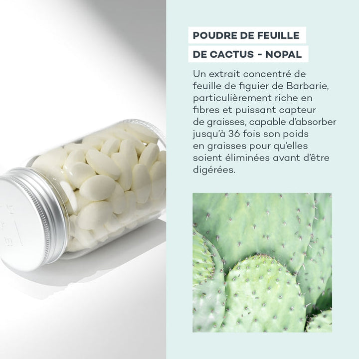 Bouteille renversée de compléments alimentaires D-LAB Nutricosmetics avec description de la poudre de feuille de cactus - nopal, et une image de feuilles de figuier de Barbarie.