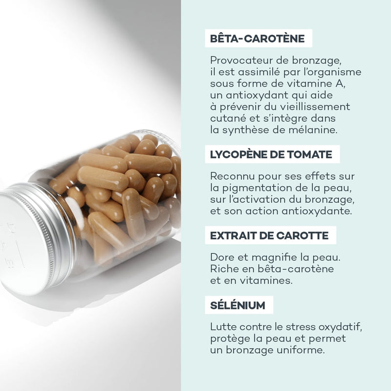 Flacon de capsules du "Complexe Soleil Actif" de D-Lab Nutricosmetics renversé, montrant les ingrédients clés : Bêta-Carotène, Lycopène de Tomate, Extrait de Carotte, et Sélénium, accompagnés de leurs bienfaits pour la peau et le bronzage.