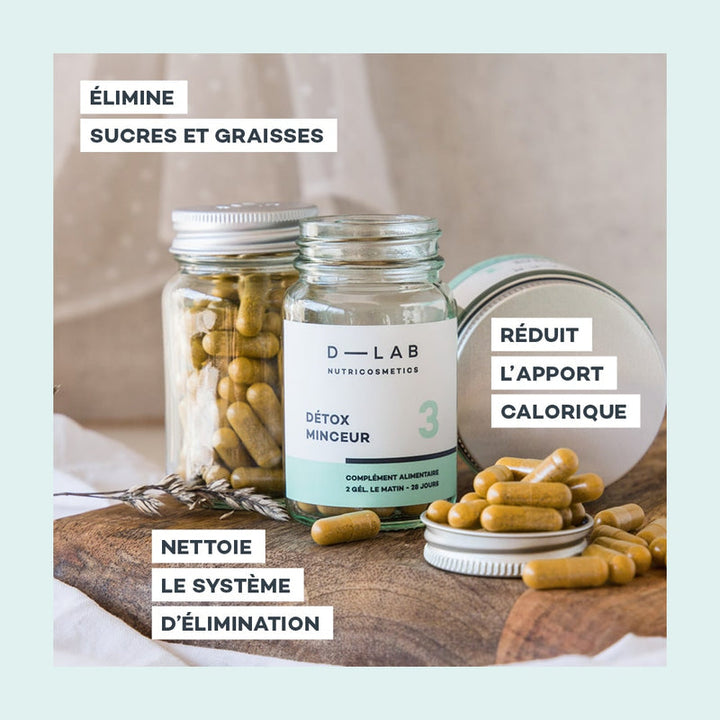 Compléments alimentaires D-LAB Nutricosmetics Détox Minceur avec des bienfaits indiqués : élimine sucres et graisses, réduit l'apport calorique, nettoie le système d'élimination.