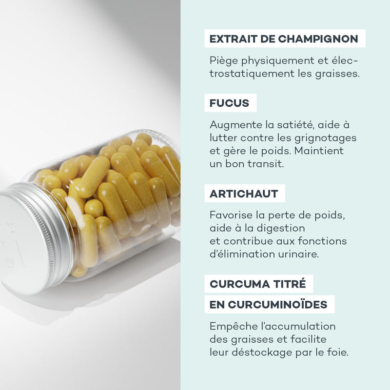 Bouteille renversée de compléments alimentaires D-LAB Nutricosmetics avec liste des ingrédients : Extrait de champignon, Fucus, Artichaut, Curcuma titré en curcuminoïdes et leurs bienfaits sur la gestion du poids et la digestion.