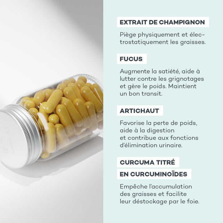 Bouteille renversée de compléments alimentaires D-LAB Nutricosmetics avec liste des ingrédients : Extrait de champignon, Fucus, Artichaut, Curcuma titré en curcuminoïdes et leurs bienfaits sur la gestion du poids et la digestion.