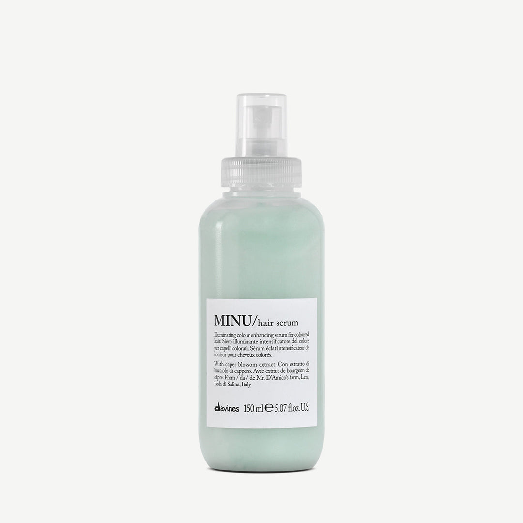 MINU Hair Serum - Davines : sérum illuminateur et protecteur de couleur pour cheveux colorés. Formule enrichie en extrait de fleur de câprier pour une brillance intense et une tenue prolongée de la coloration. Format 150 ml.