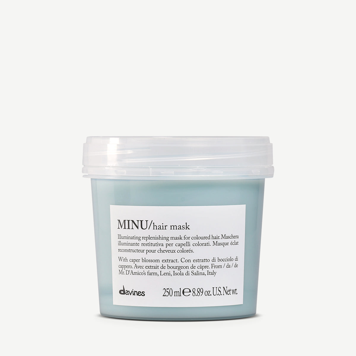 MINU Hair Mask - Davines : masque éclat reconstructeur pour cheveux colorés. Formule enrichie en extrait de bourgeon de câprier pour nourrir, protéger et prolonger l'intensité de la couleur. Format 250 ml.
