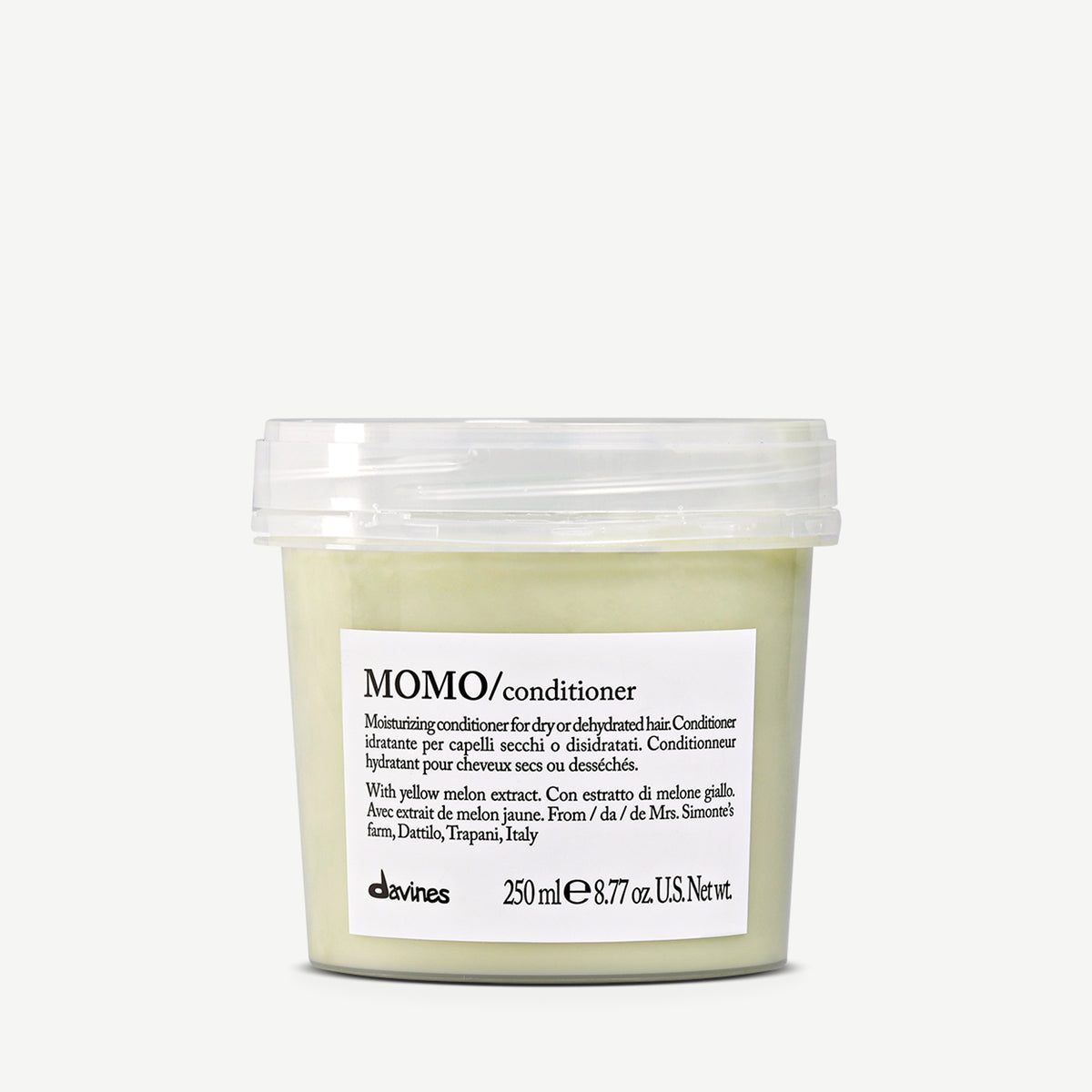 Pot de 250 ml de l’après-shampoing hydratant Davines MOMO, soin nourrissant enrichi en extrait de melon jaune, idéal pour cheveux secs ou déshydratés