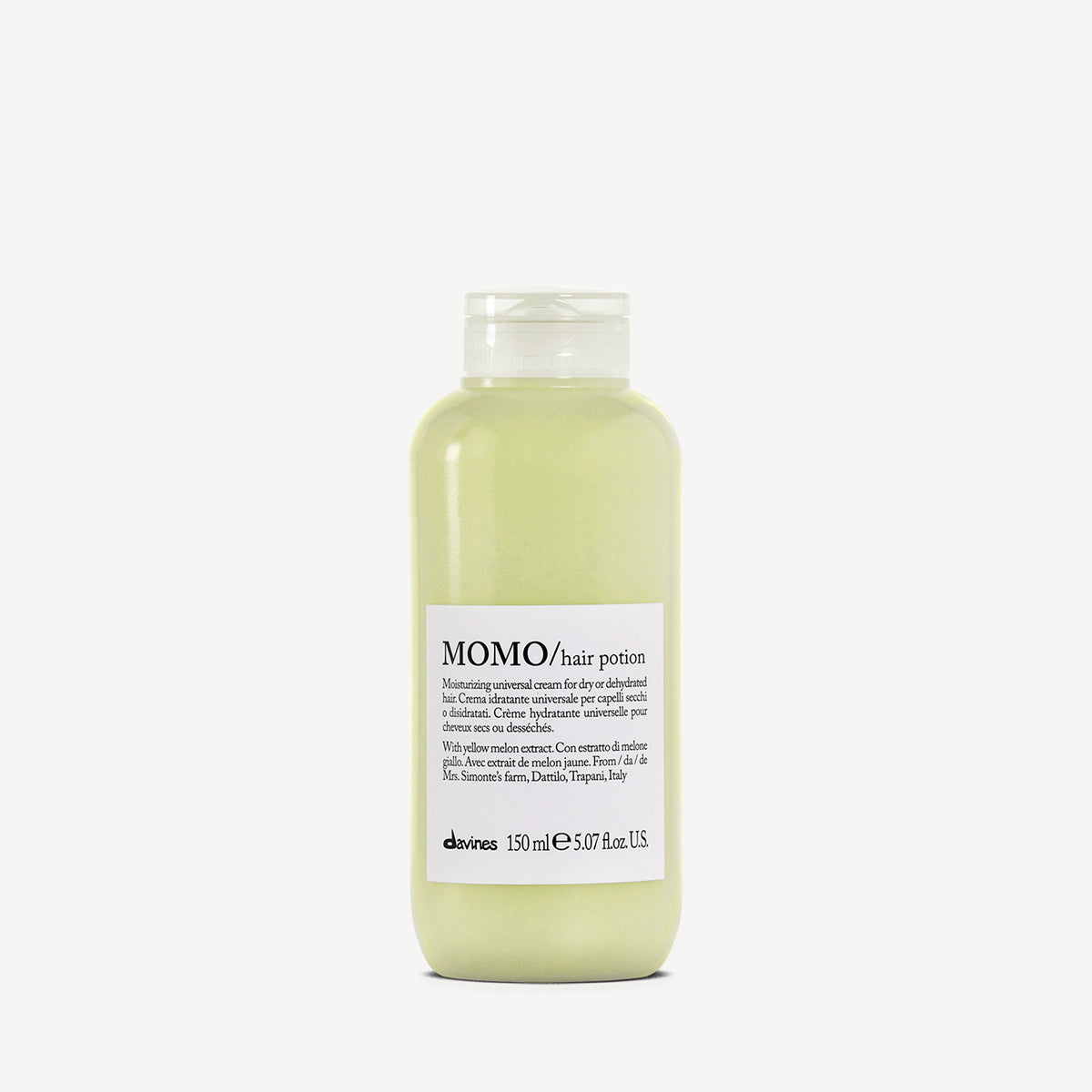 Flacon de 150 ml de la crème hydratante cheveux MOMO Hair Potion de Davines, enrichie en extrait de melon jaune, soin naturel pour cheveux secs ou déshydratés