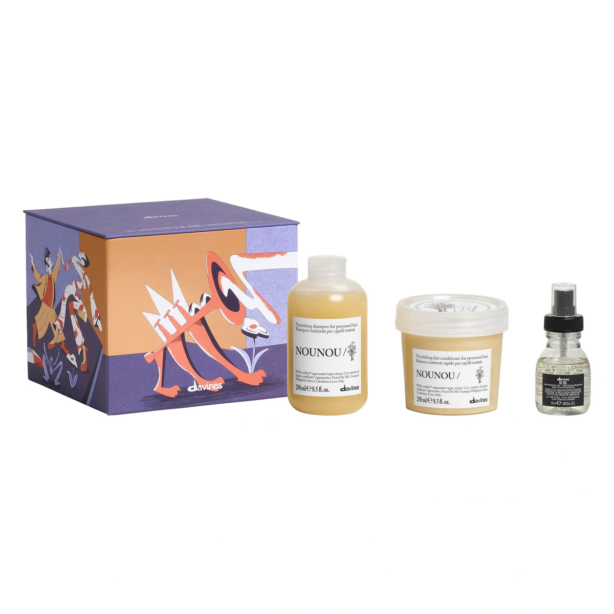 Coffret Davines NOUNOU Noël 2026 avec NOUNOU Shampoo 250 ml, NOUNOU Conditioner 250 ml, OI Oil 50 ml