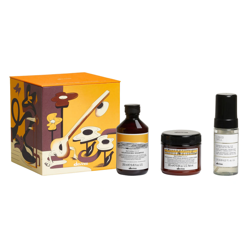 Coffret Davines NOURISHING Noël 2026 avec NOURISHING Shampoo 250 ml, NOURISHING Vegetarian Miracle Conditioner 250 ml, Liquid Spell Reinforcing Bodifying Fluid 125 ml