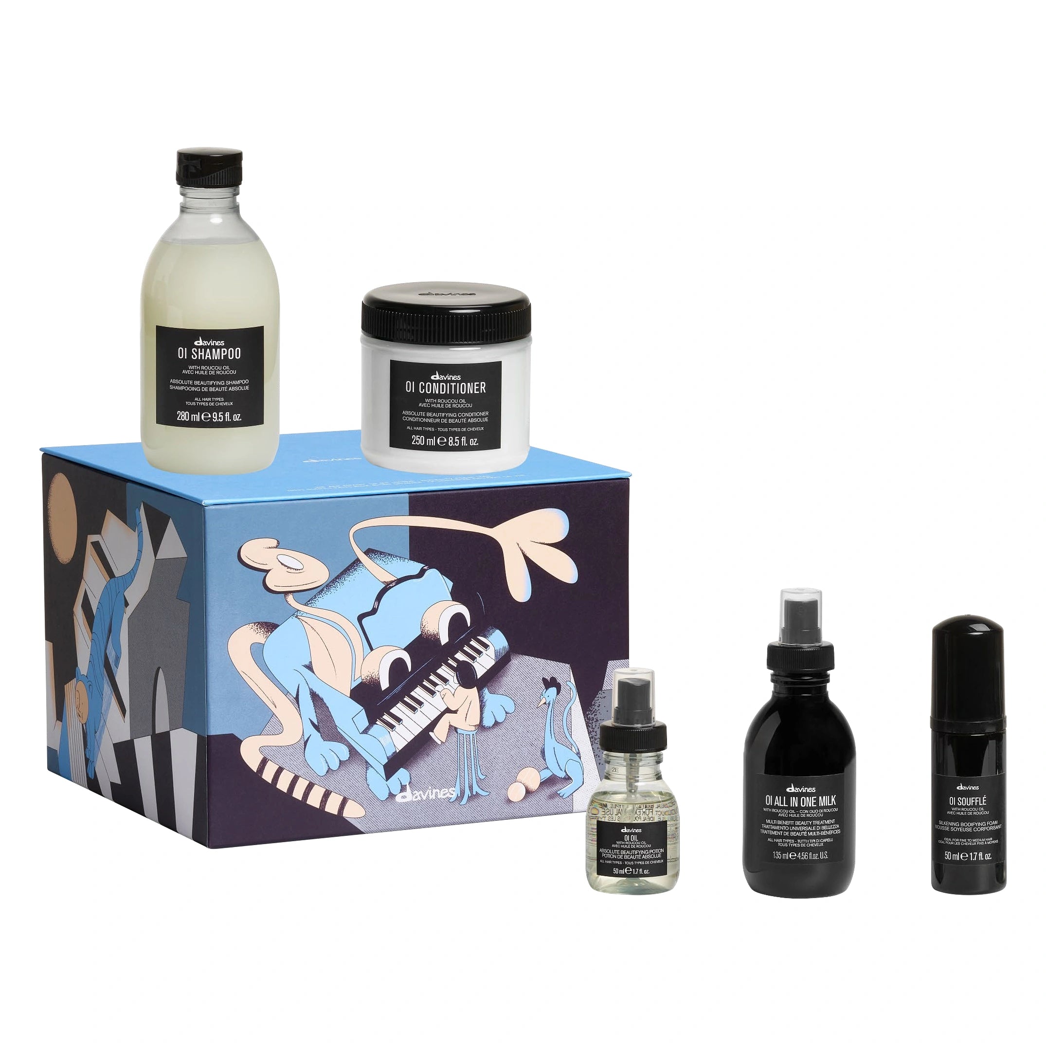 Coffret Davines OI Lux Noël 2026 avec OI Shampoo 280 ml, OI Conditioner 250 ml, OI All In One Milk 135 ml, OI Soufflé 50 ml, OI Oil 50 ml
